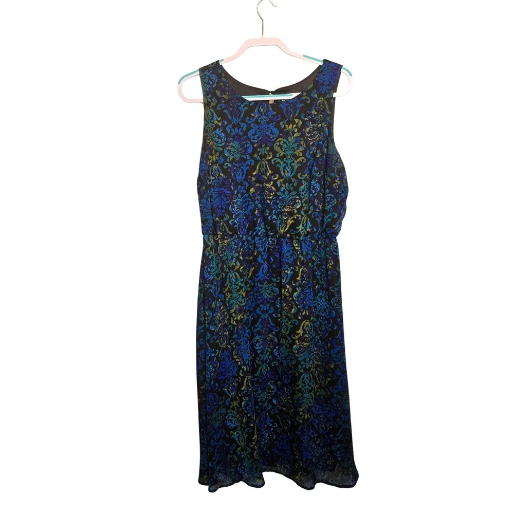 AA‎ Studio Midi Dress Womens 16W Blue Green Damask Sleeveless Chiffon Overlay